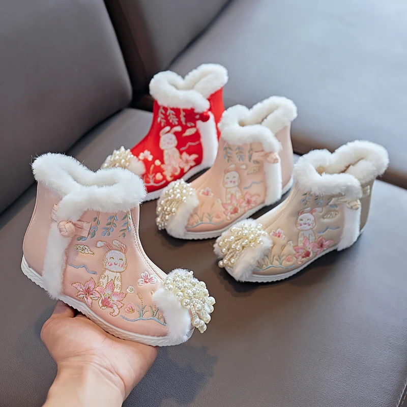 TJ0010【陌璃】新款女童汉服靴子儿童绣花棉鞋古装绣花鞋加绒加厚