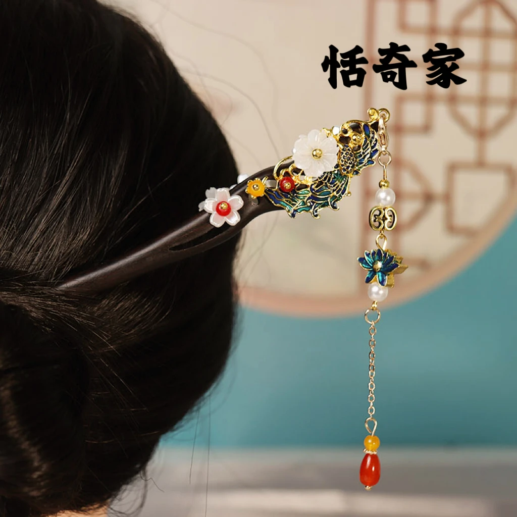 恬奇家“鸾凤游”高定木质手工凤凰仙气高级步摇日常百搭盘发簪子