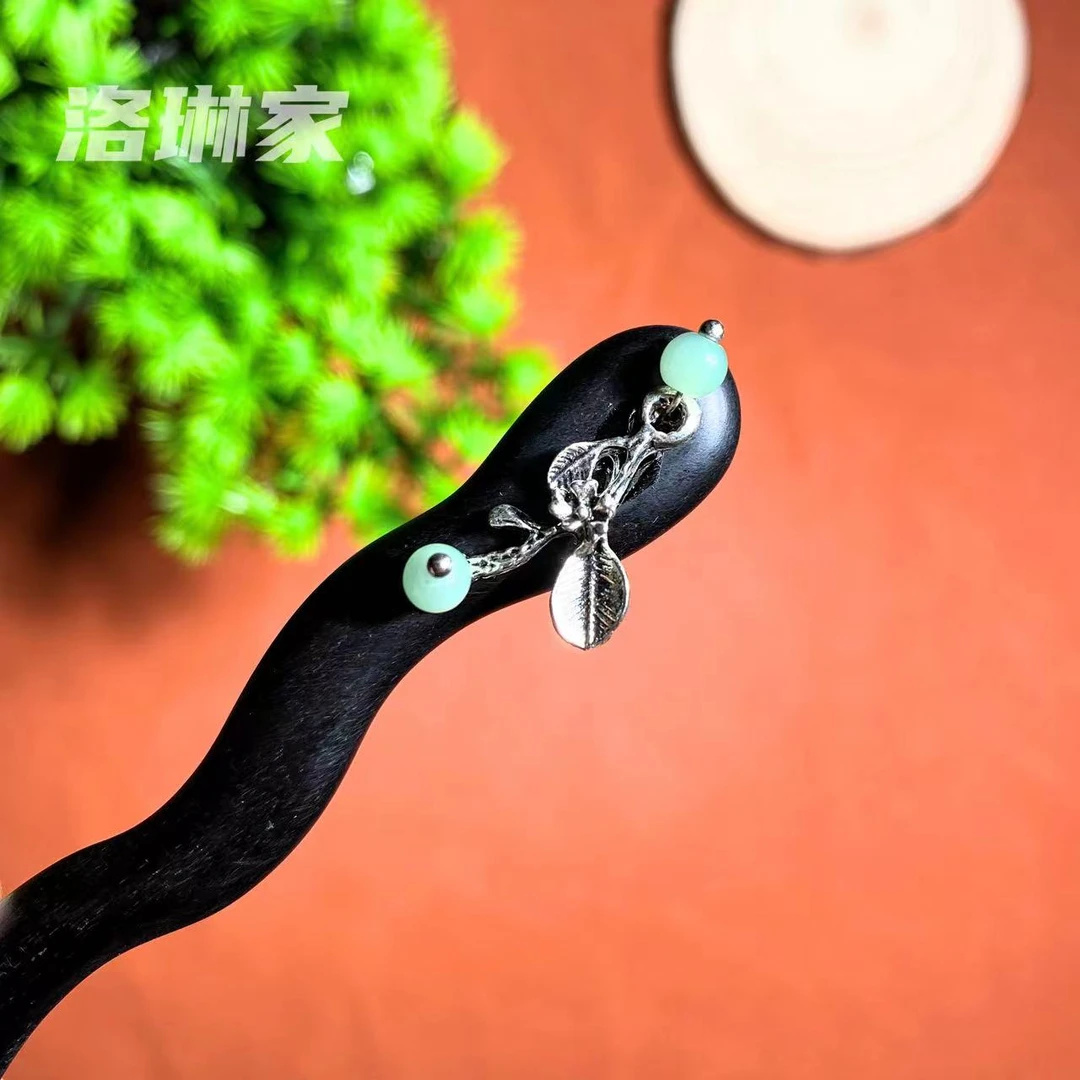 恬奇家“树叶绿水滴”紫光檀木手工古风仙气高级感国风百搭木簪子