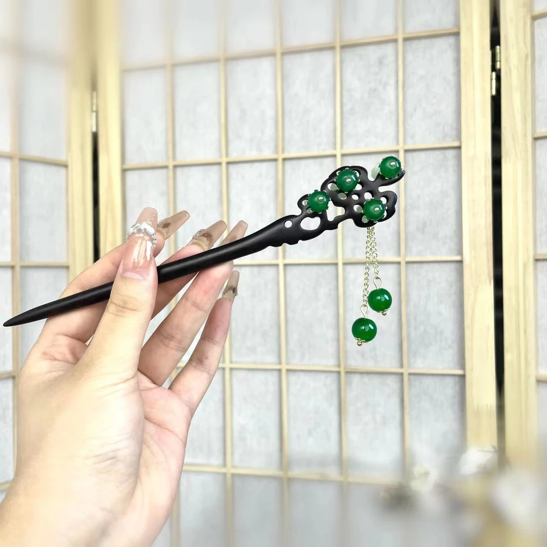 恬奇家 ”珠花“紫光黑檀木气质手工复古高级感步摇流苏发簪子