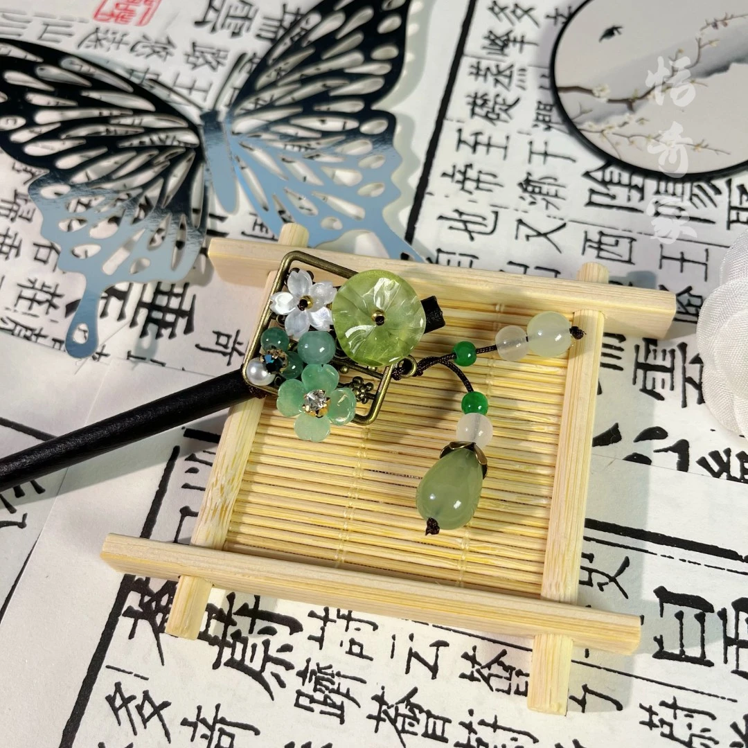恬奇家“荷叶花花”步摇流苏木质发簪古风仙气加长盘发日常发饰