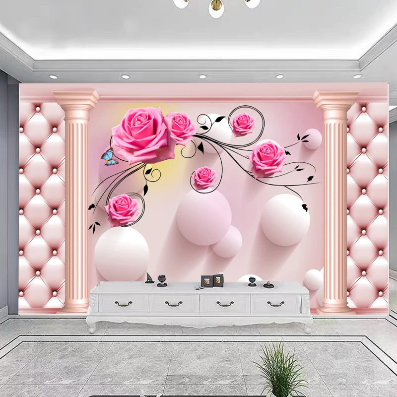 新款罗马柱玫瑰花客厅简约时尚电视沙发背景墙定制壁画立体影视墙