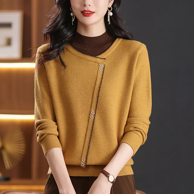 假两件毛衣女秋冬新款宽松遮肚子显瘦打底衫保暖妈妈拼色上衣厚