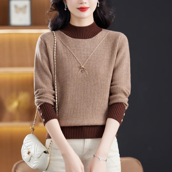 半高领秋冬拼色时尚打底衫锁热蓄温毛衣女士宽松显瘦针织衫上衣