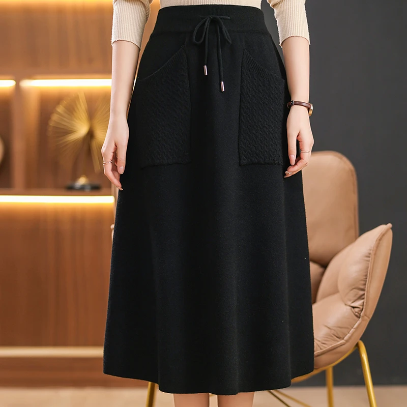 秋冬半身裙毛呢洋气遮肉百搭中长款松紧带高奢半裙高腰显瘦A字裙