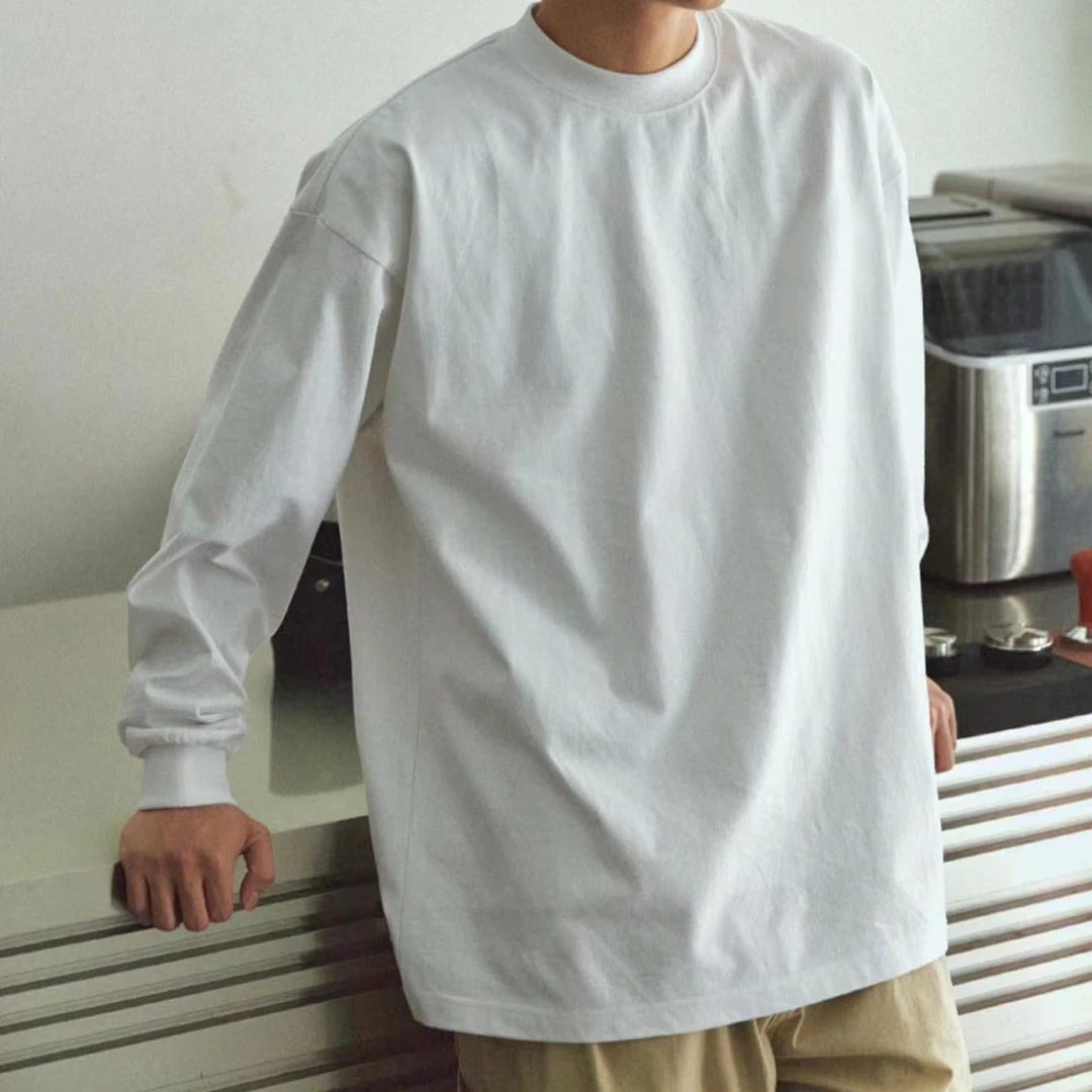 白色260g重磅长袖打底衫纯棉T恤男秋季美式圆领内搭宽松纯色上衣