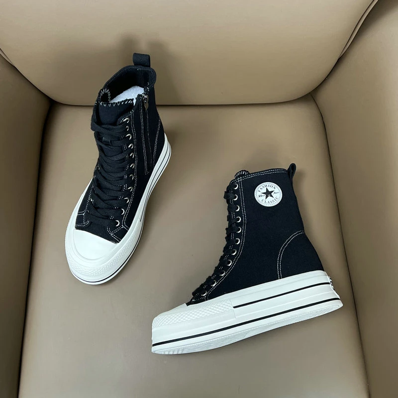 隐形内增高12CM秋冬2024加棉厚底帆布鞋女小个子超高显瘦单款潮鞋