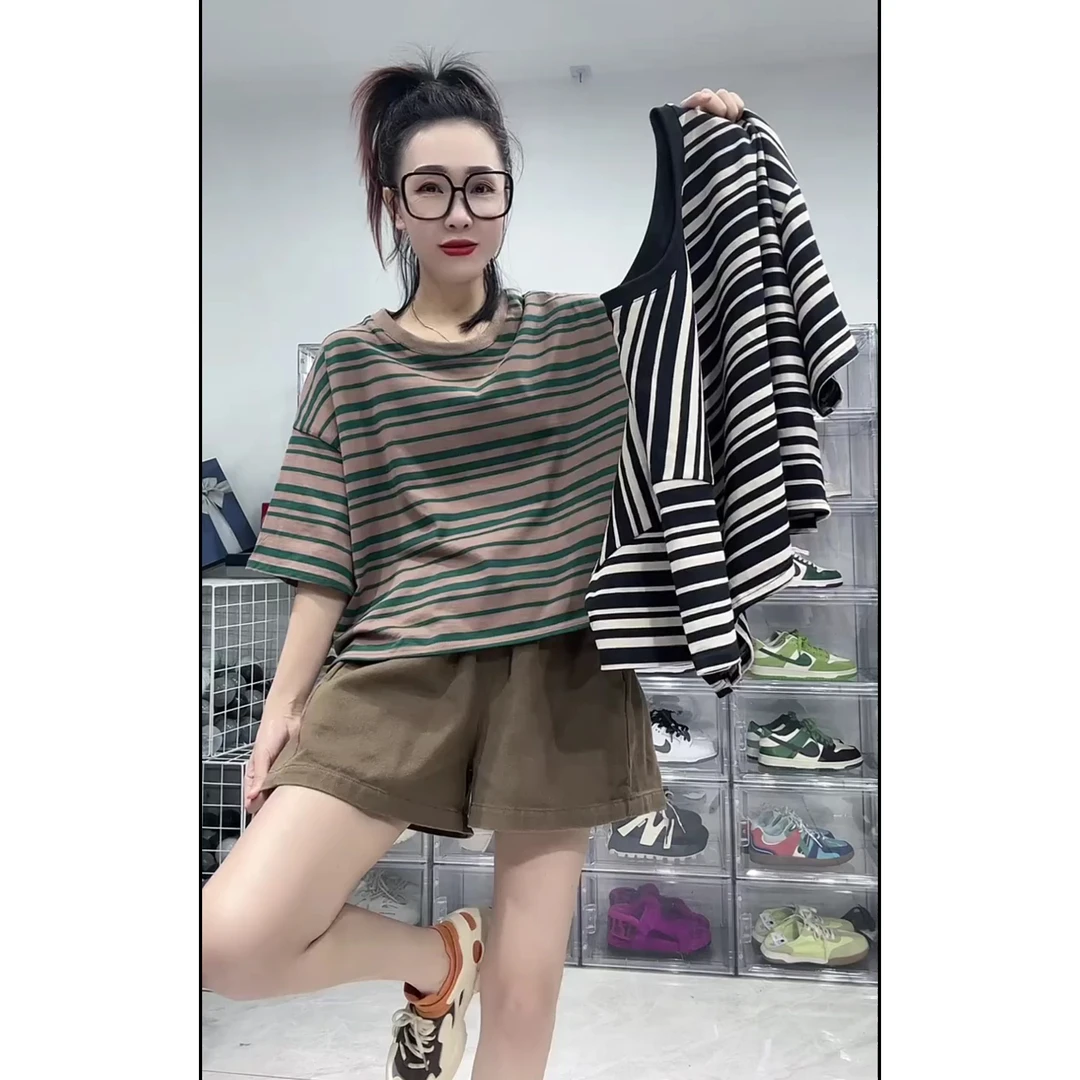经典条纹短款短袖显瘦时尚休闲夏季减龄宽松百搭圆领设计感