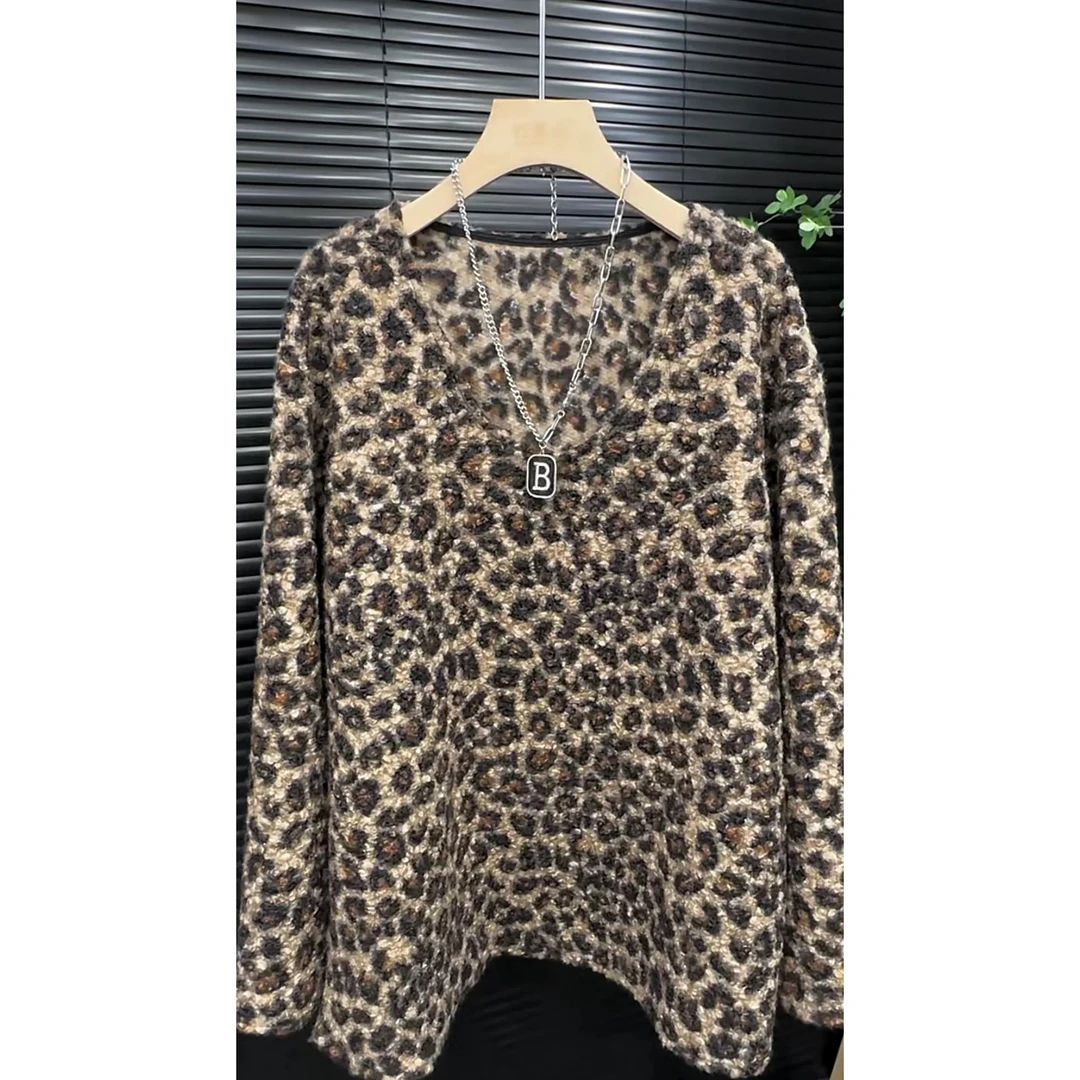 V领豹纹卫衣显瘦时尚宽松秋冬洋气百搭设计感气质长袖