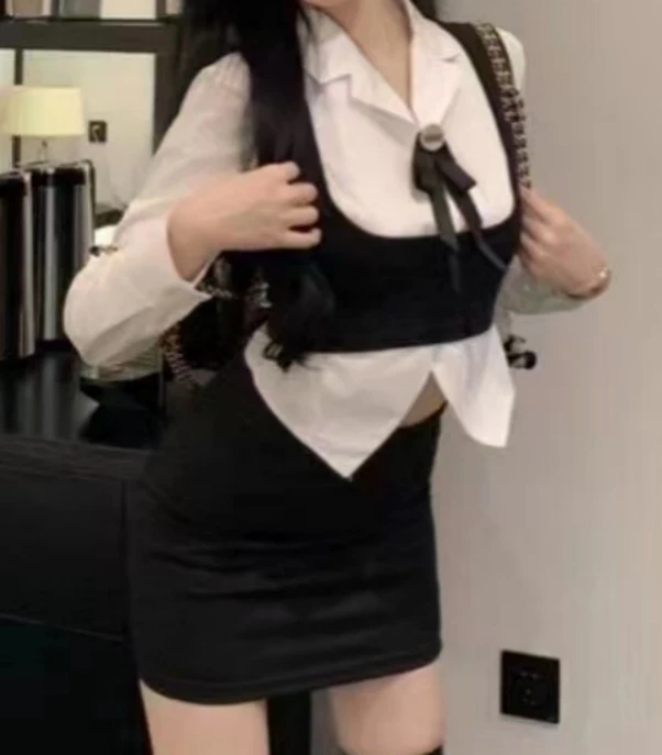 欧街-领口蝴蝶结假两件套装08253