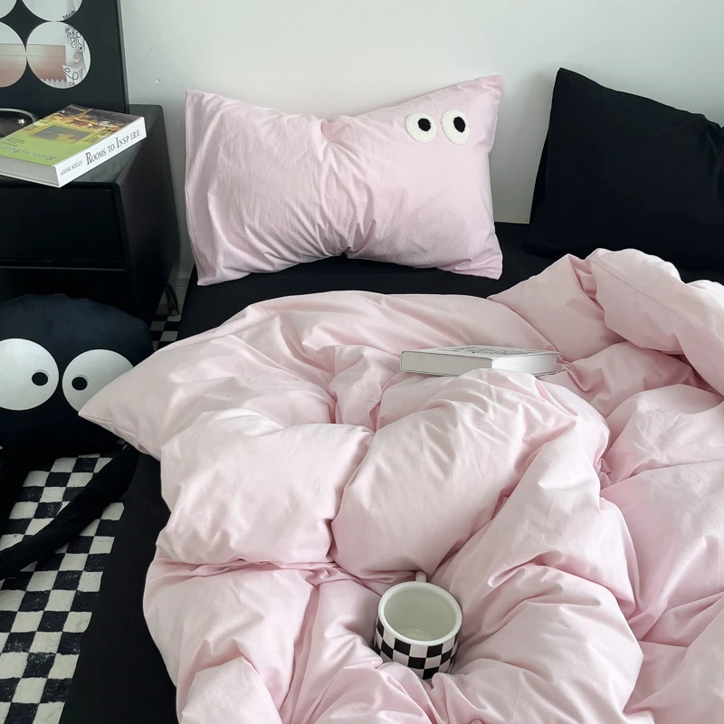 ins风大眼睛纯色混搭四件套床单被套磨毛床上用品学生宿舍三件套4