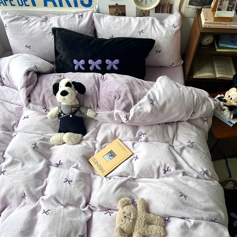 新款ins蝴蝶结毛巾绣混搭四件套牛奶绒双面绒学生宿舍三件套家纺