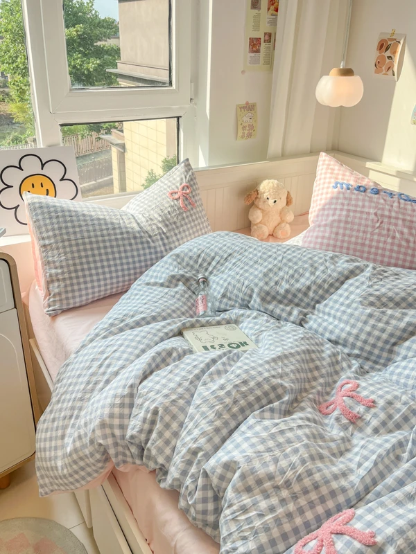 韩系混搭ins奶油风四件套简约学生宿舍上下铺格子单人床单被套4