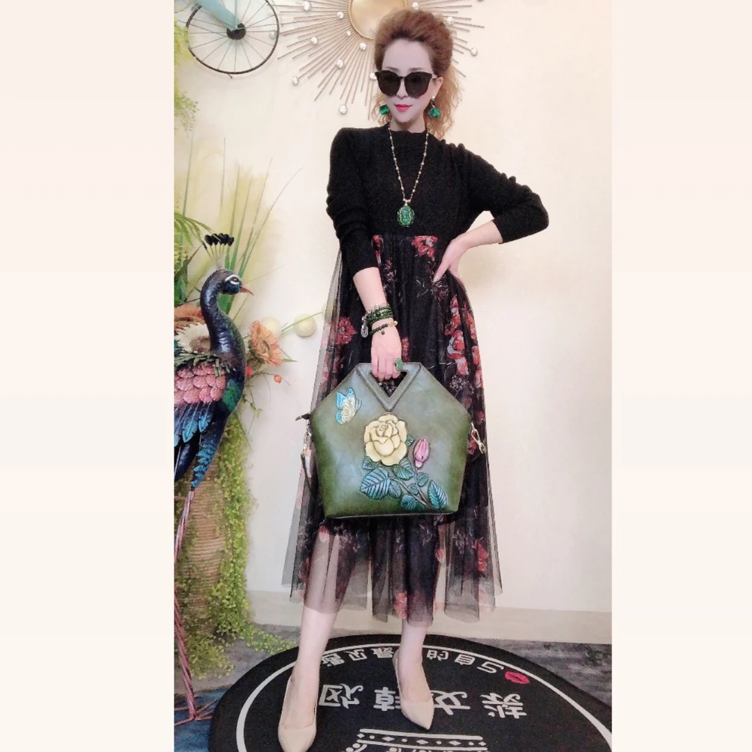 【秀女推荐】新款设计师复古圆领拼接连衣裙子显瘦气质百搭中长款