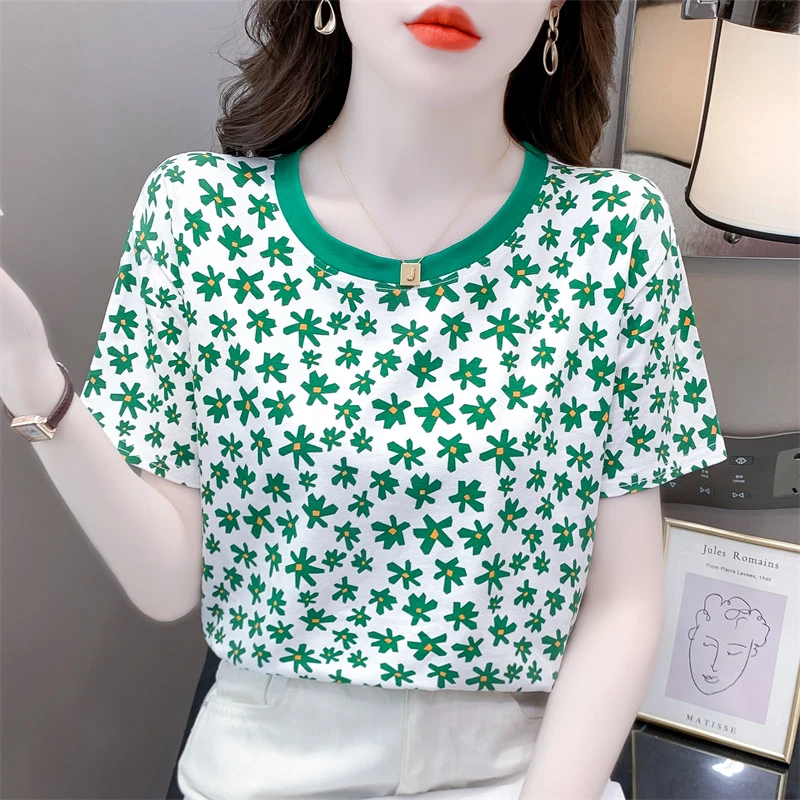 纯棉碎花印花短袖t恤女2023夏季新款宽松休闲百搭圆领体恤上衣
