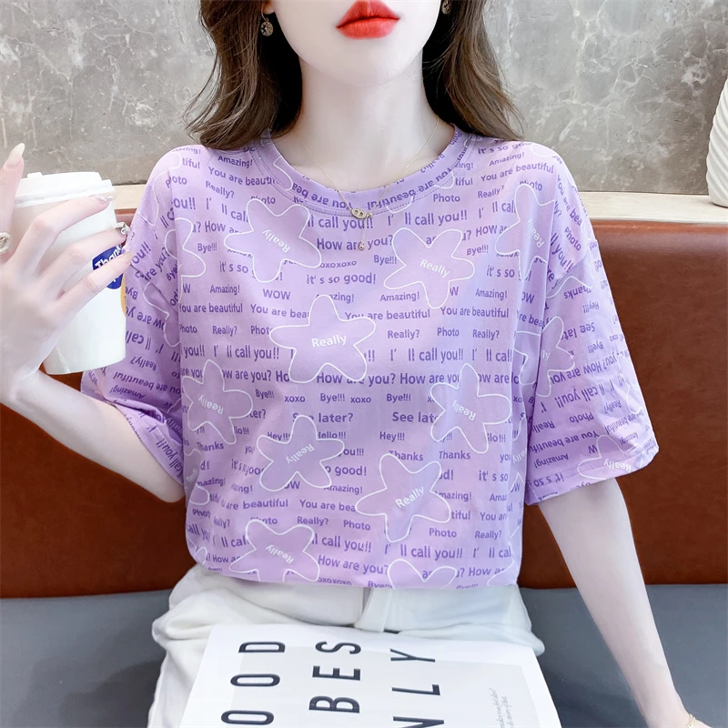 纯棉时尚印花短袖t恤女夏季韩版宽松百搭洋气设计半袖体恤上衣
