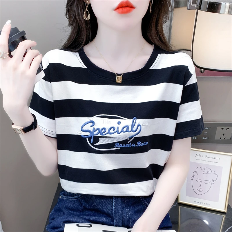 纯棉时尚条纹短袖t恤女夏季新款宽松休闲体恤百搭刺绣设计感上衣
