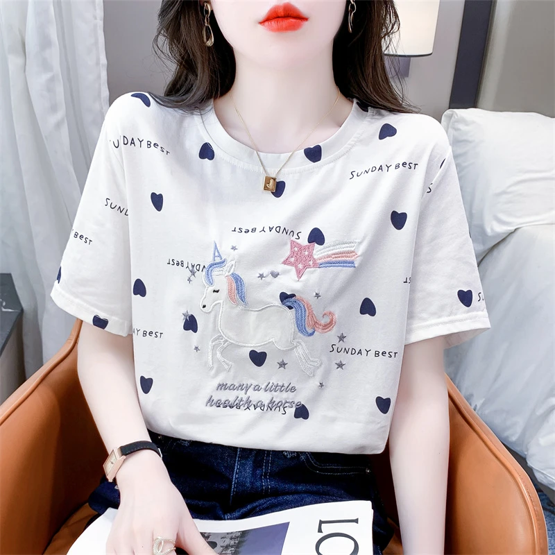 重工刺绣短袖t恤女夏季新款宽松显瘦休闲印花体恤百搭白色上衣ins