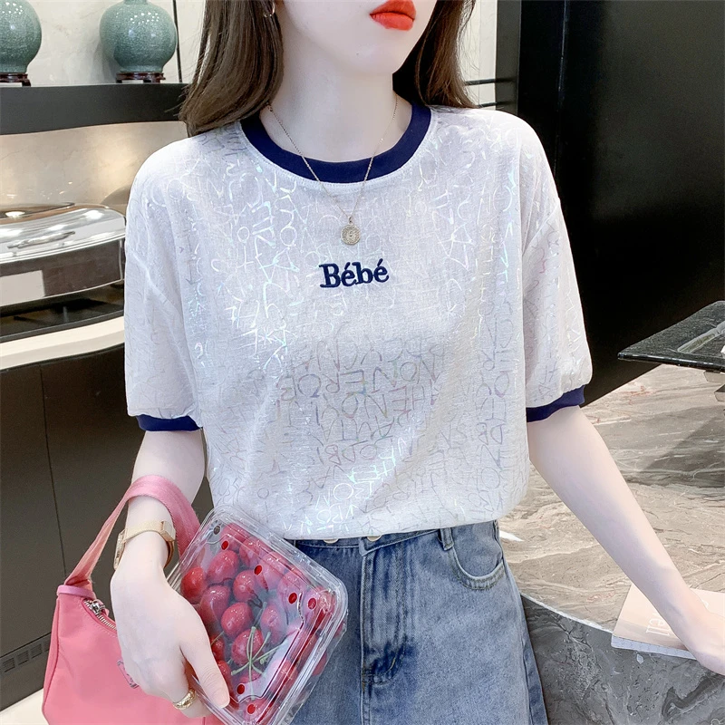 时尚烫金印花短袖t恤女夏季新款宽松显瘦休闲体恤洋气上衣