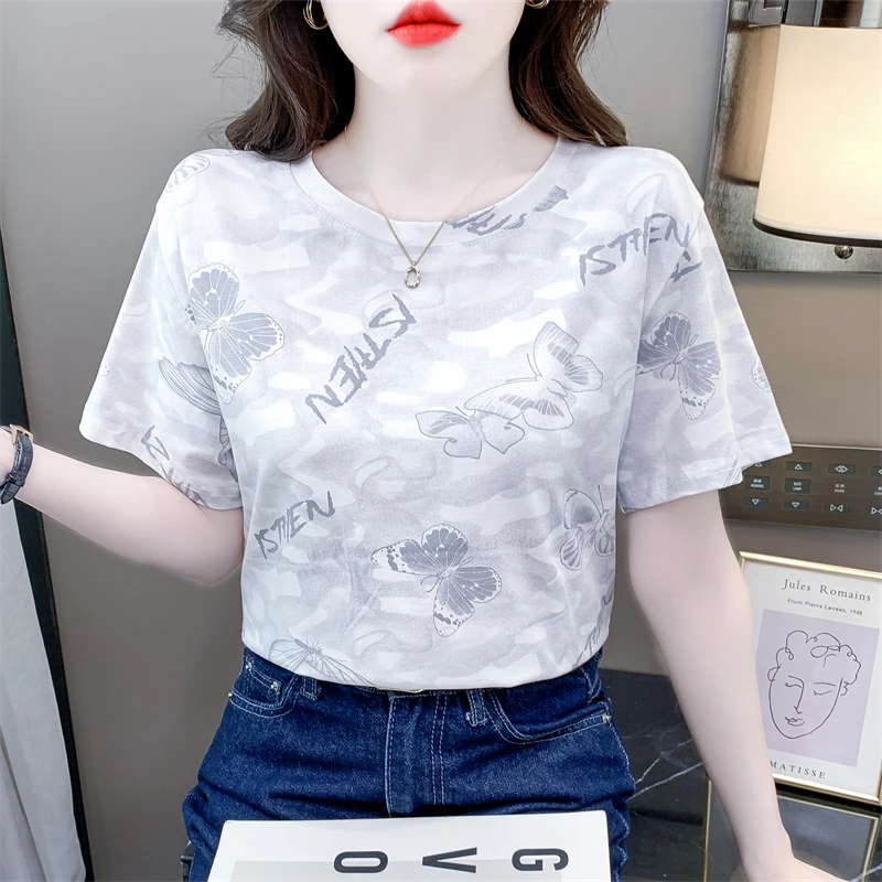 时尚蝴蝶印花白色t恤女短袖夏季新款宽松休闲显瘦百搭圆领上衣