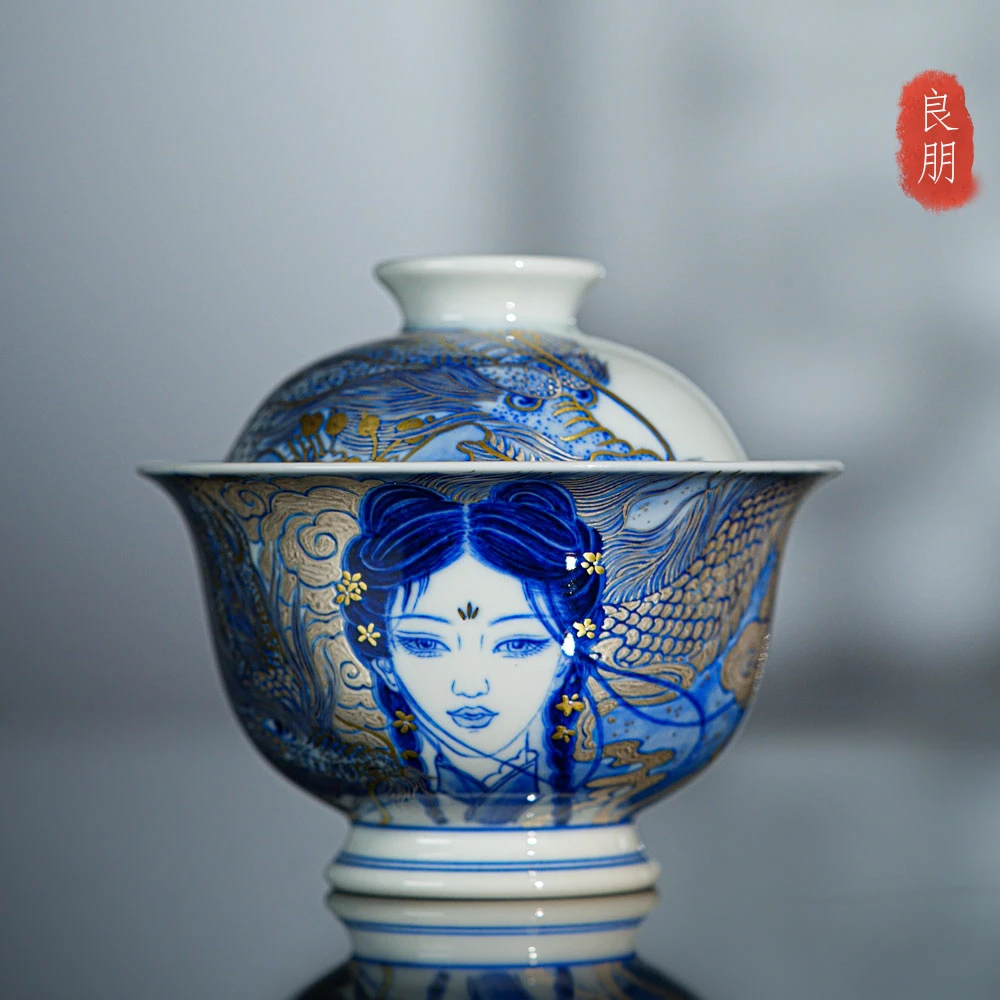 良朋珍玩描金龙女二才盖碗120ml 景德镇釉下彩全手工青花手绘茶具