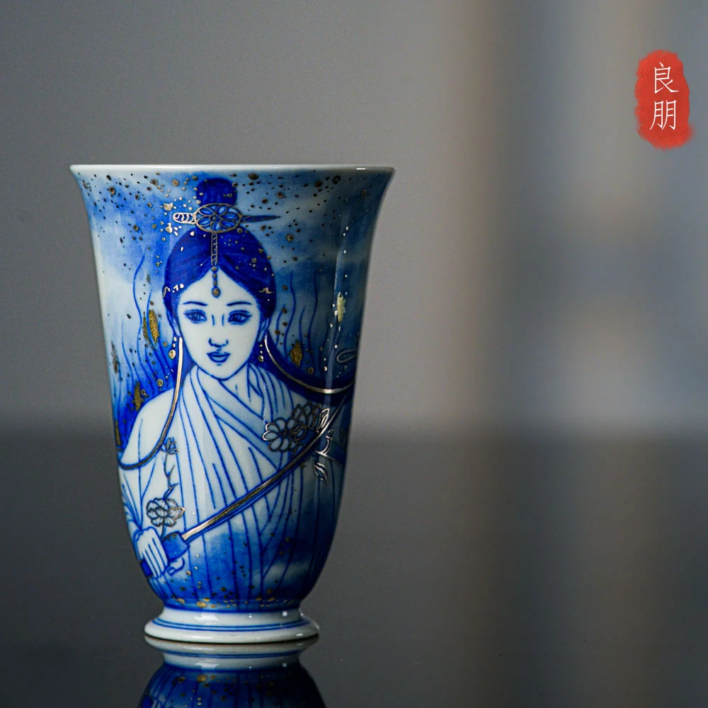 良朋柴窑描金美女闻香杯60ml  景德镇全手工  中式青花手绘主人杯