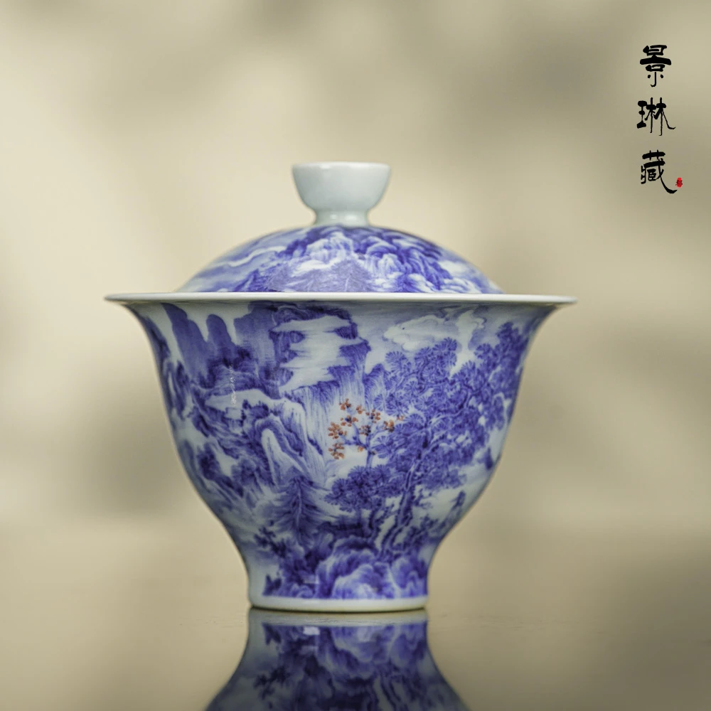 景琳藏十雅扶琴二才盖碗  景德镇釉下彩 全手工青花手绘 陶瓷茶具