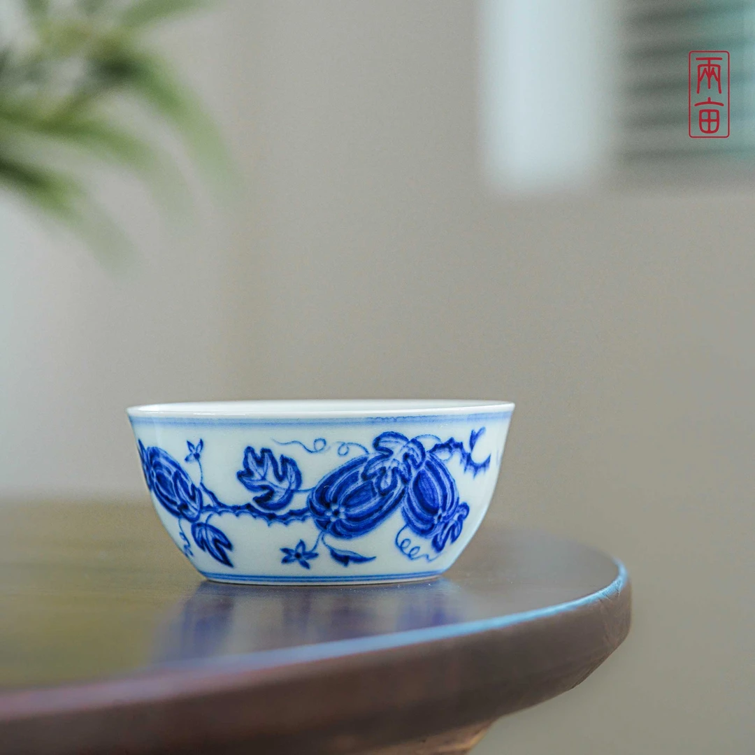 两亩陶瓷南瓜柴窑主人杯80cc    景德镇釉下彩 全手工   青花手绘