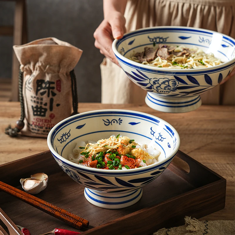 舍里复古手绘精致陶瓷碗釉下彩高脚碗臊子面碗创意面馆复古面条碗