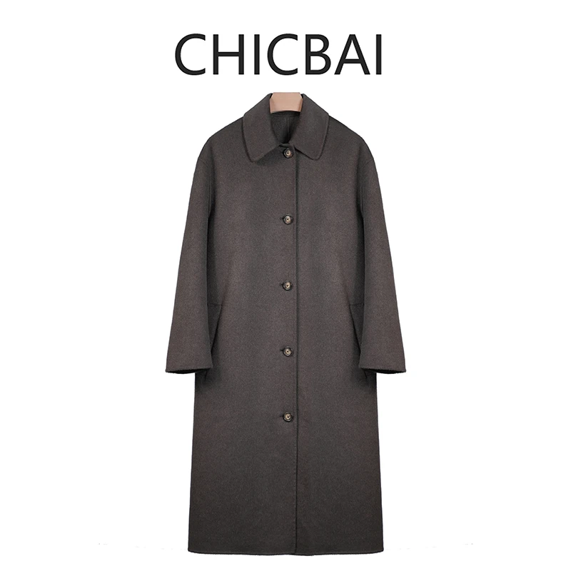 CHIC白 TO*极简高级巧克力棕柔软双面羊毛毛呢大衣