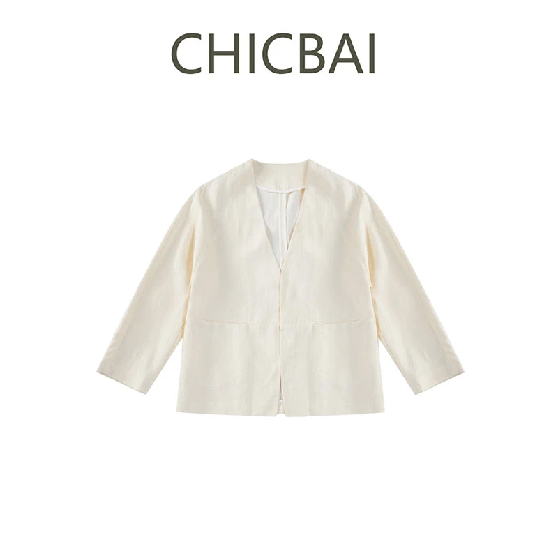 CHIC白 人字纹亚麻自然感宽松西装外套