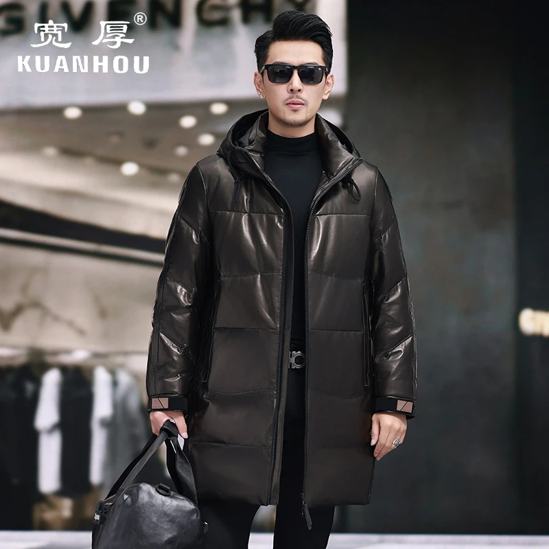男士中长款羽绒头层绵羊皮夹克时尚连帽加绒青年加厚冬季真皮外套