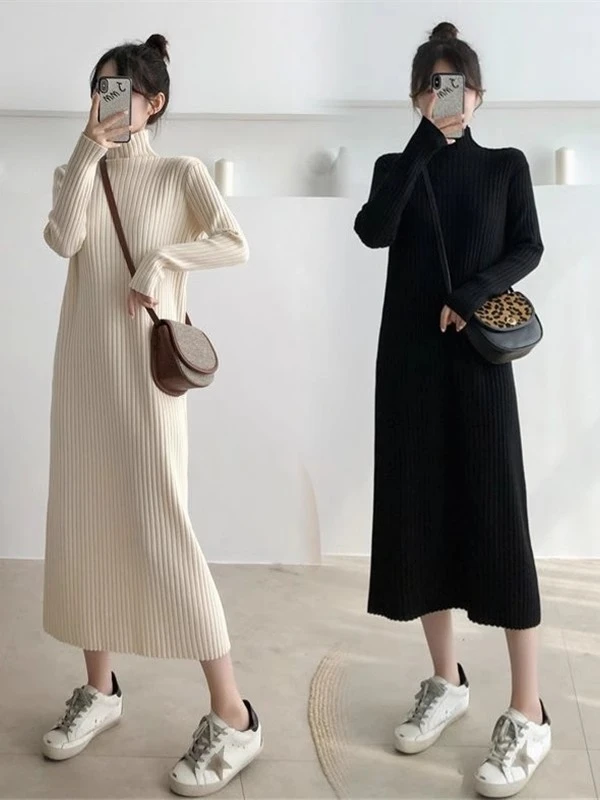秋冬配大衣毛衣裙直筒宽松半高领毛衣针织连衣裙女过膝打底长裙子