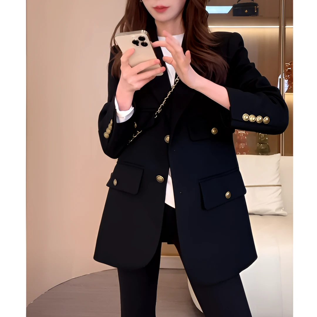 设计师黑色西装外套女2025新款韩版金属扣时尚休闲秋冬气质西服女