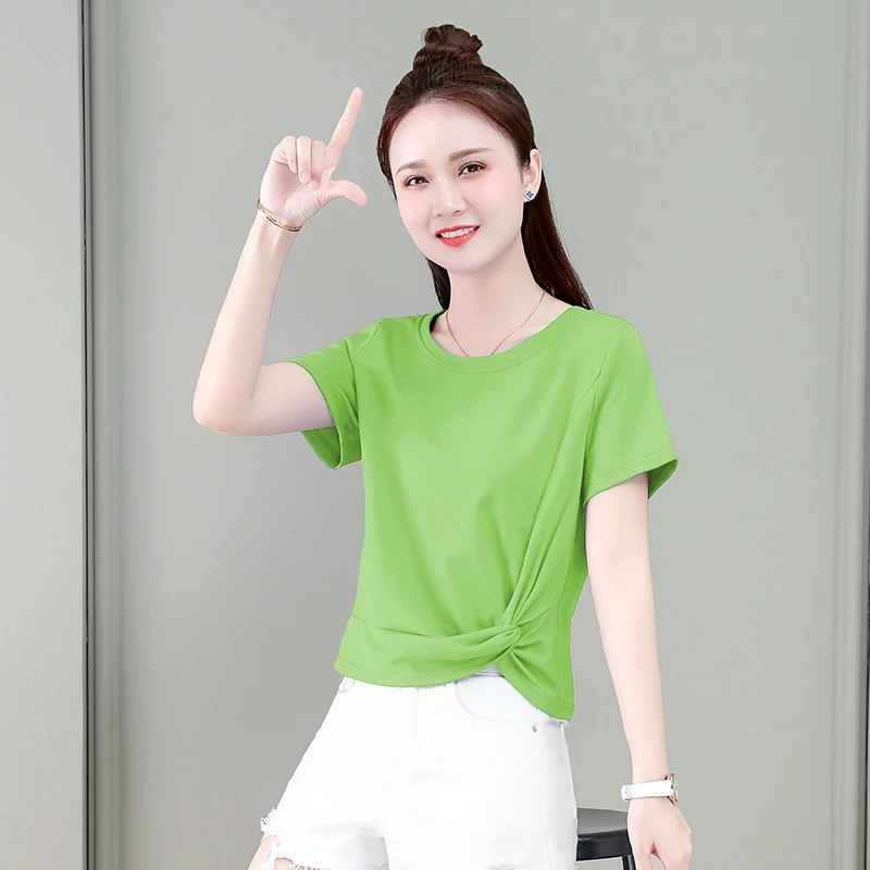 绿色短袖女t恤不规则小众纯色设计感洋气夏季修身圆领短款体恤女