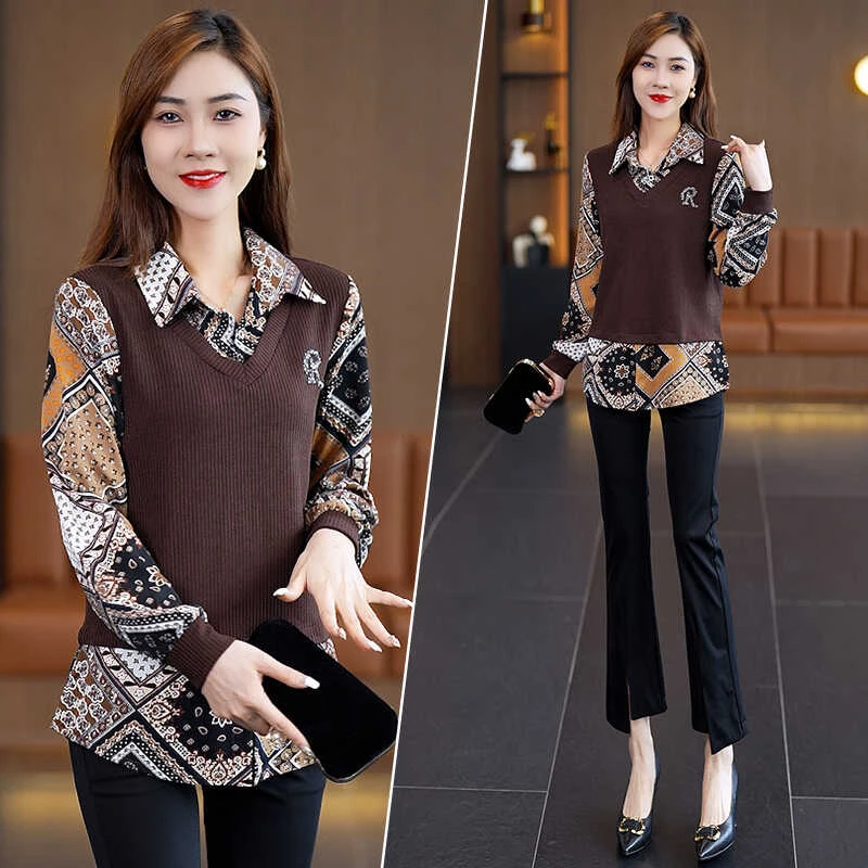 长袖衬衫打底衫秋冬2024新款时尚减龄洋气质妈妈装假两件套上衣女