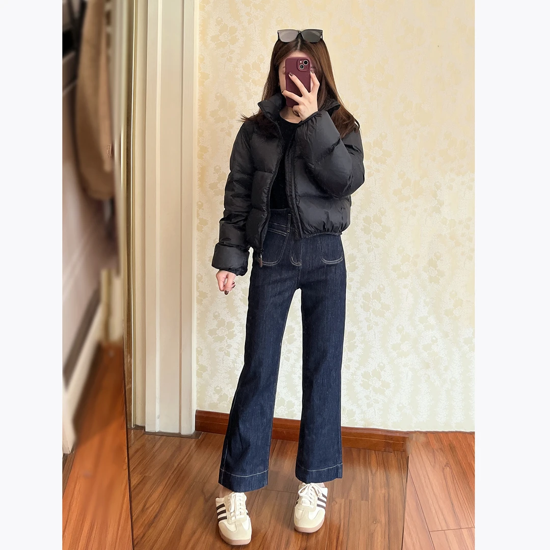 大丫  秋冬加厚高腰显瘦双扣微喇牛仔裤