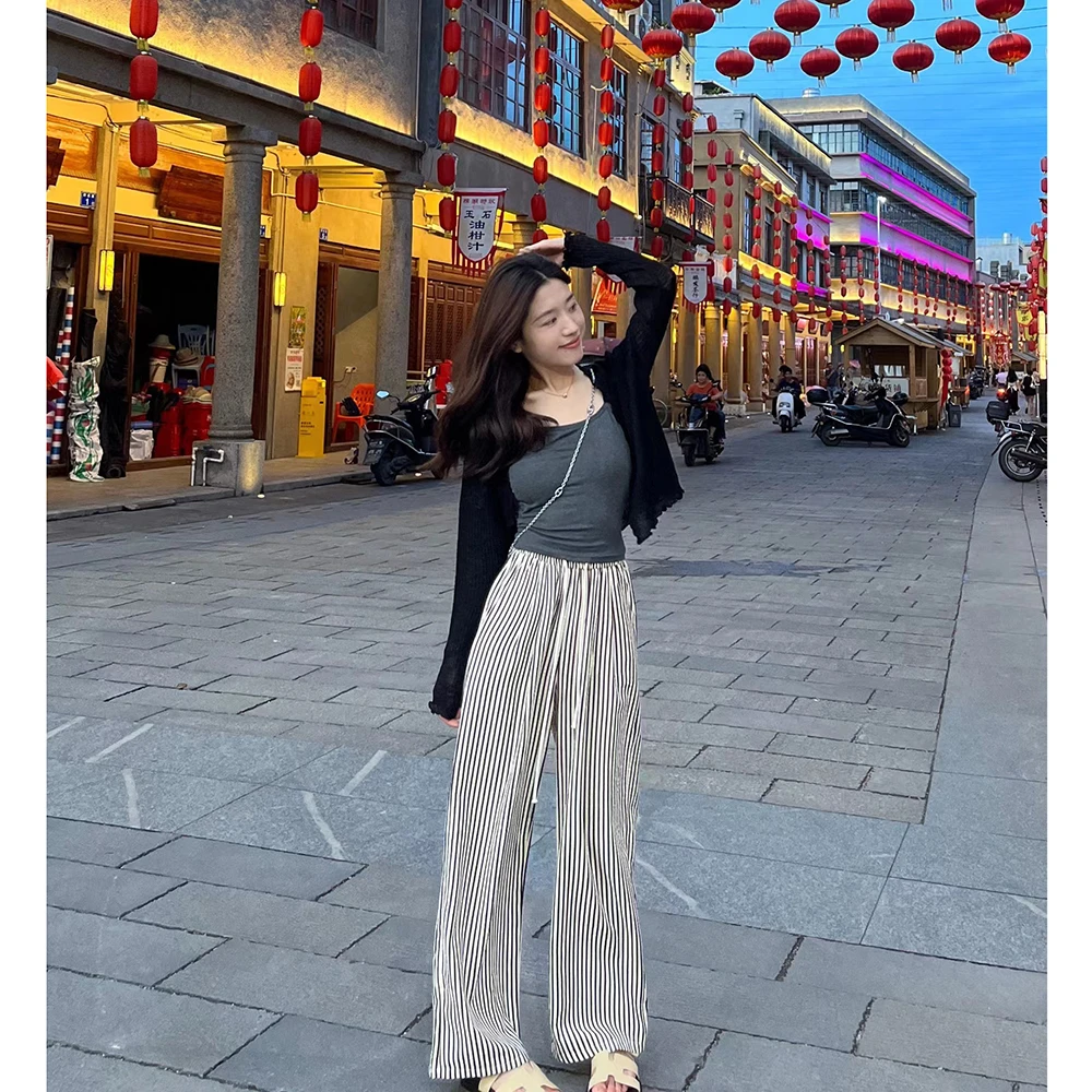 大丫  【傍晚时分】高腰显瘦慵懒风松紧条纹宽松直筒裤