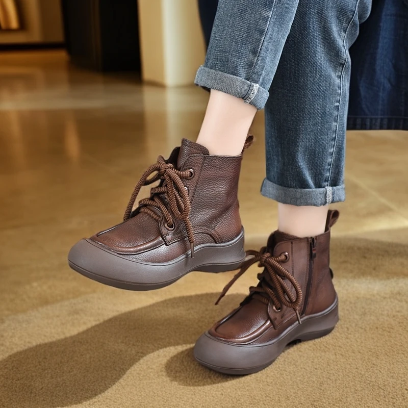 复古休闲系带马丁靴软底真皮短靴女秋冬新款头层牛皮英伦风靴子女