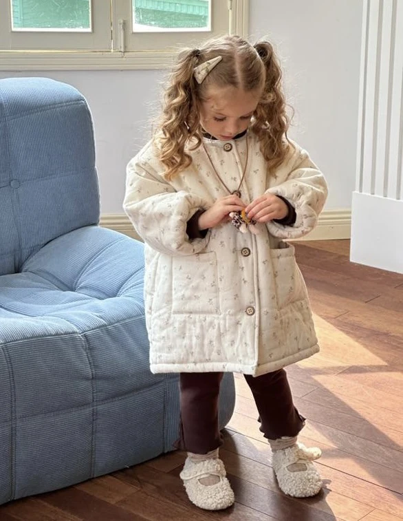 小鹿慕水 冬款加厚碎花圆领中长款棉衣24753