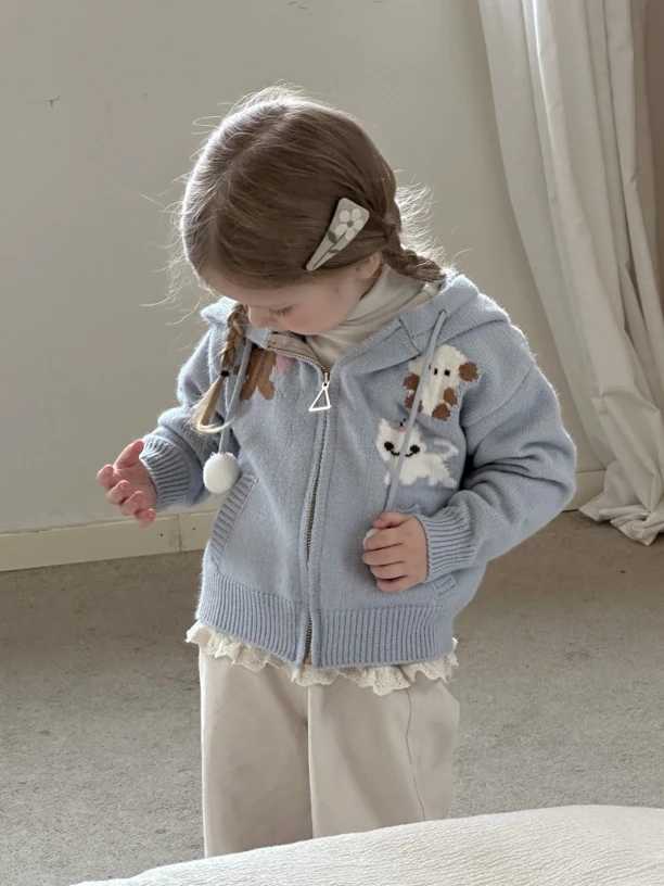 小鹿慕水毛衣2024秋季新款女童可爱粉色卡通针织毛衣开衫 9009