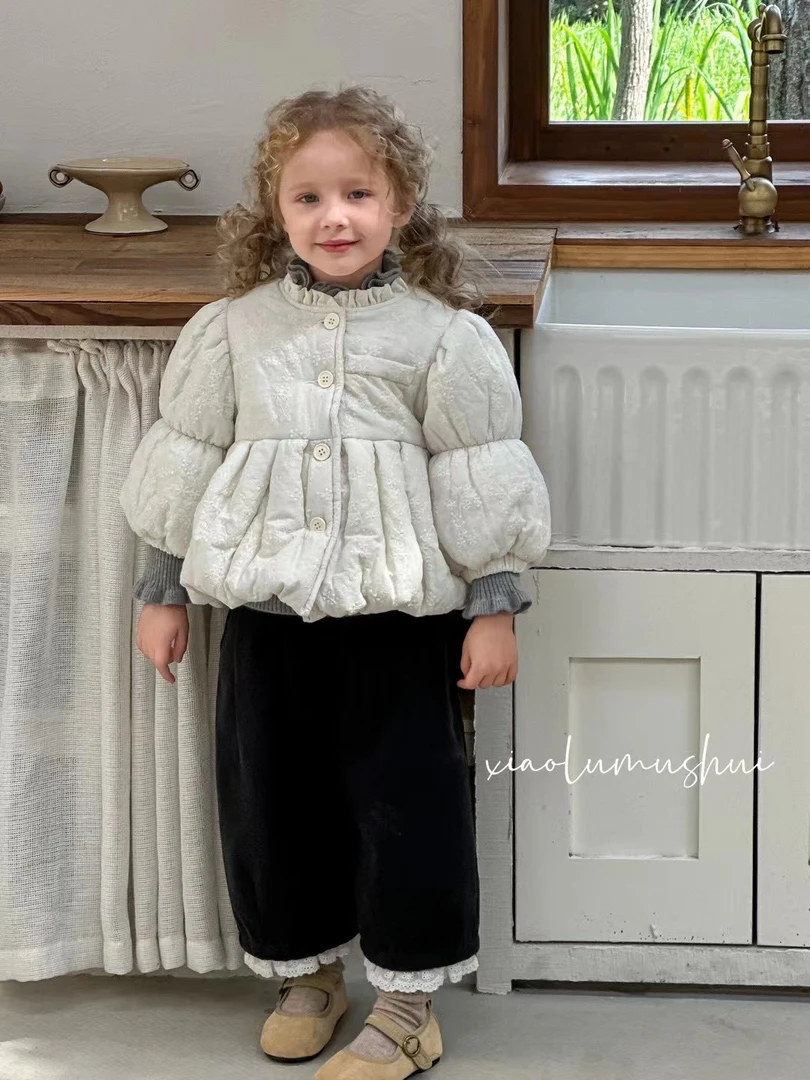 小鹿慕水2024冬款女童米色刺绣棉衣外套24755 灰咖色花边裤24793