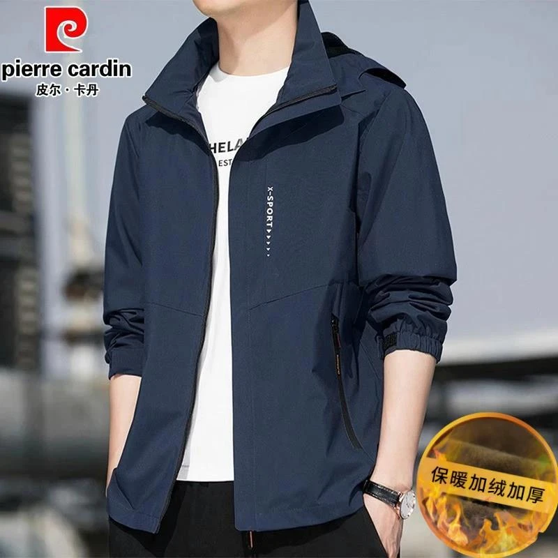 皮尔卡丹连帽休闲外套男士厚款宽松大码秋冬外衣男款爆款2024新款