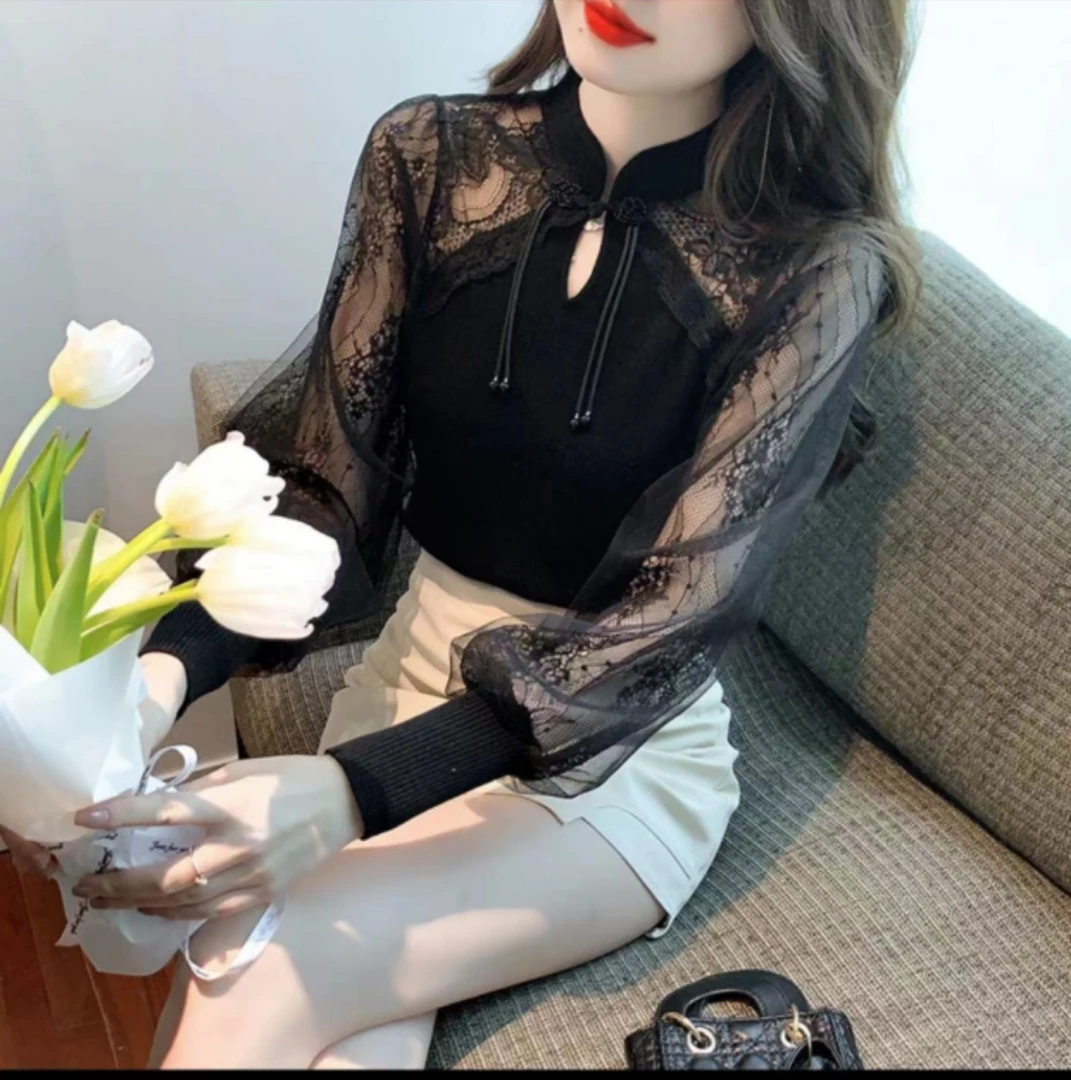 新中式国风盘扣T恤长袖春秋季上衣洋气内搭小衫蕾丝拼接打底衫