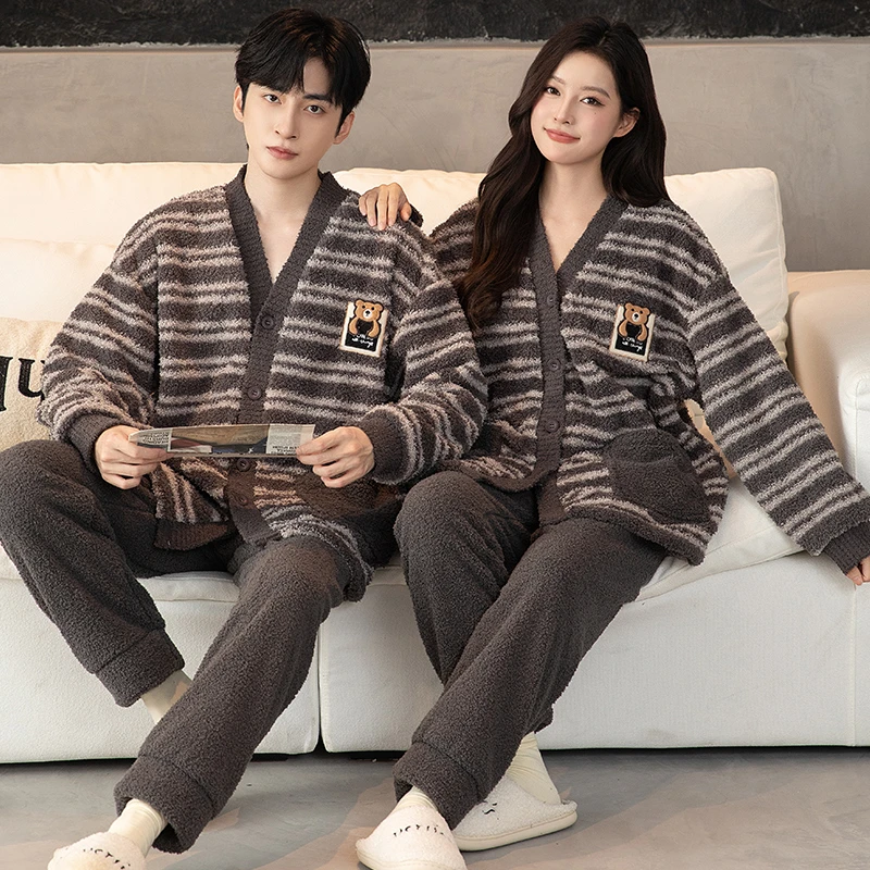 情侣睡衣秋冬款女珊瑚绒男士加绒加厚法兰绒加肥加大码200斤胖mm