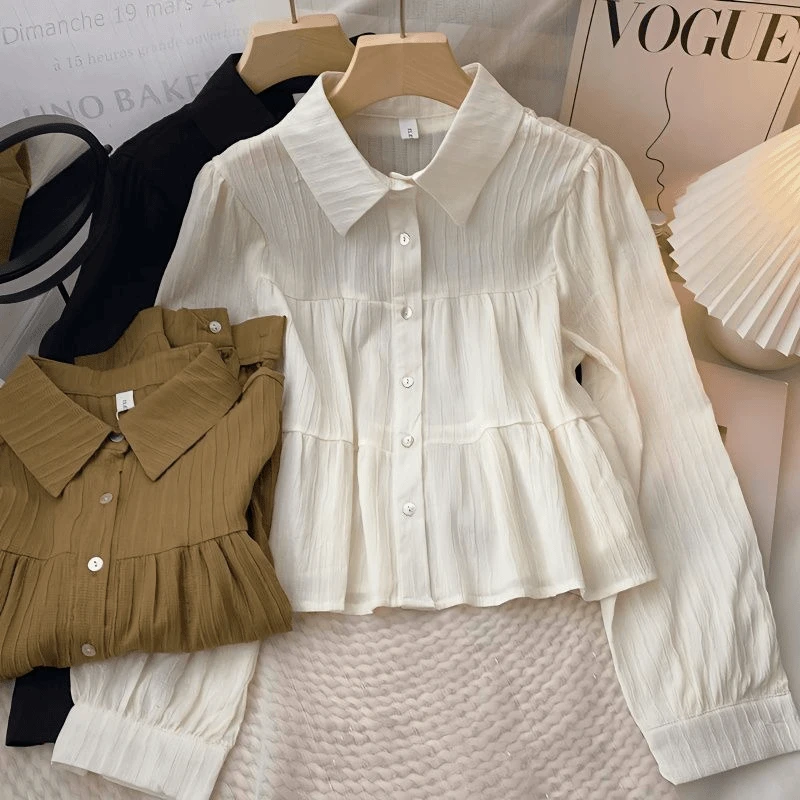 纯色短款衬衣小衫女2024年秋装新款韩版简约宽松百搭时尚长袖上衣