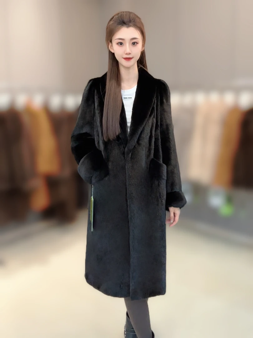 青果领 挽袖 长款 原色 气质款水貂皮草外套 衣长105cm
