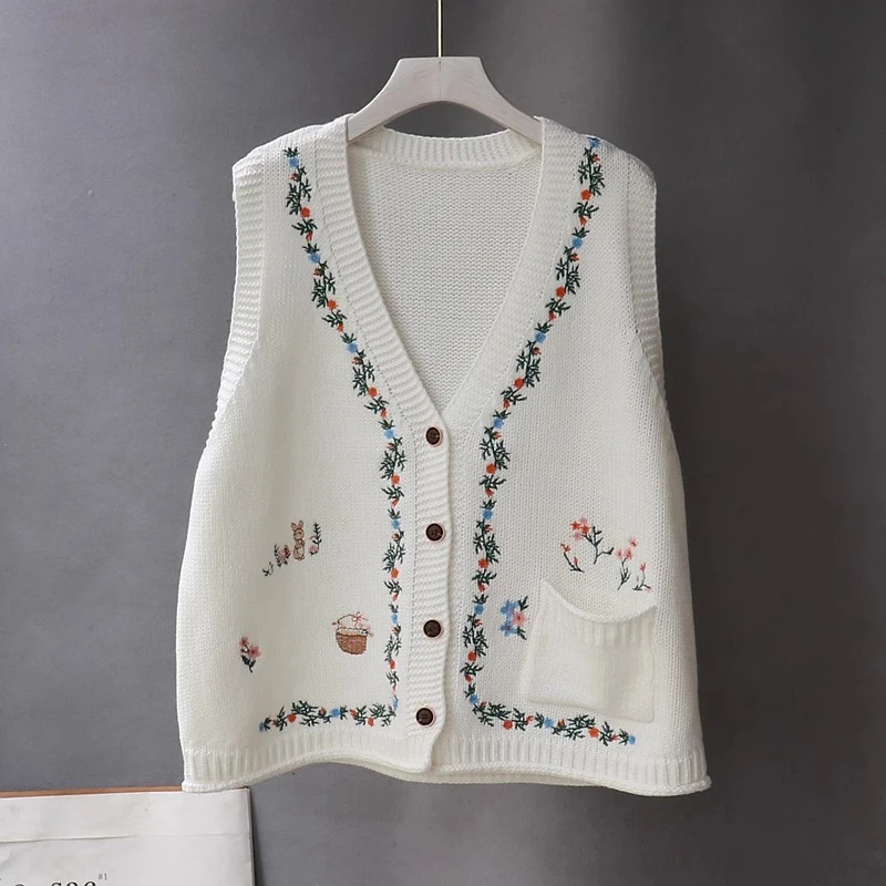 洋气花边刺绣针织马甲女小兔口袋背心甜美V领叠穿坎肩马夹上衣