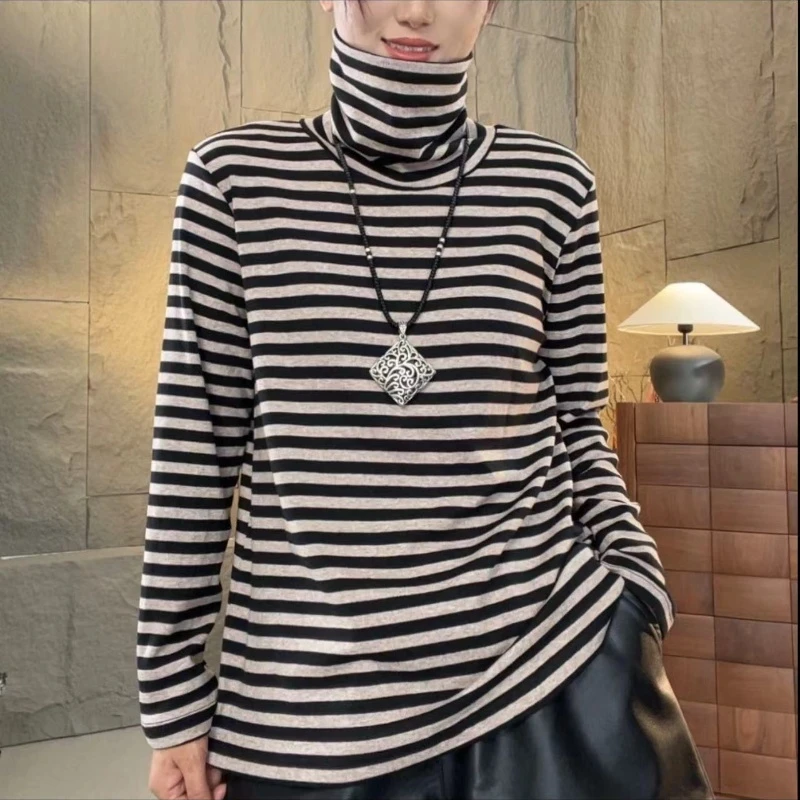 条纹经典百搭显瘦高领弹力棉打底衫