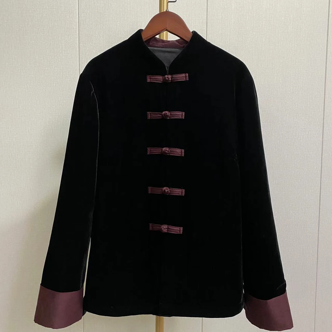 伊丝嫚女装高级定制丝绒时尚拼接丝光缎秋冬国风新中式加棉外套